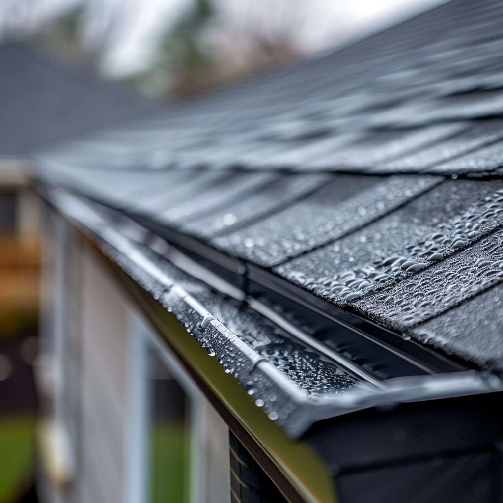 Close up of rain gutters on a home roof.
