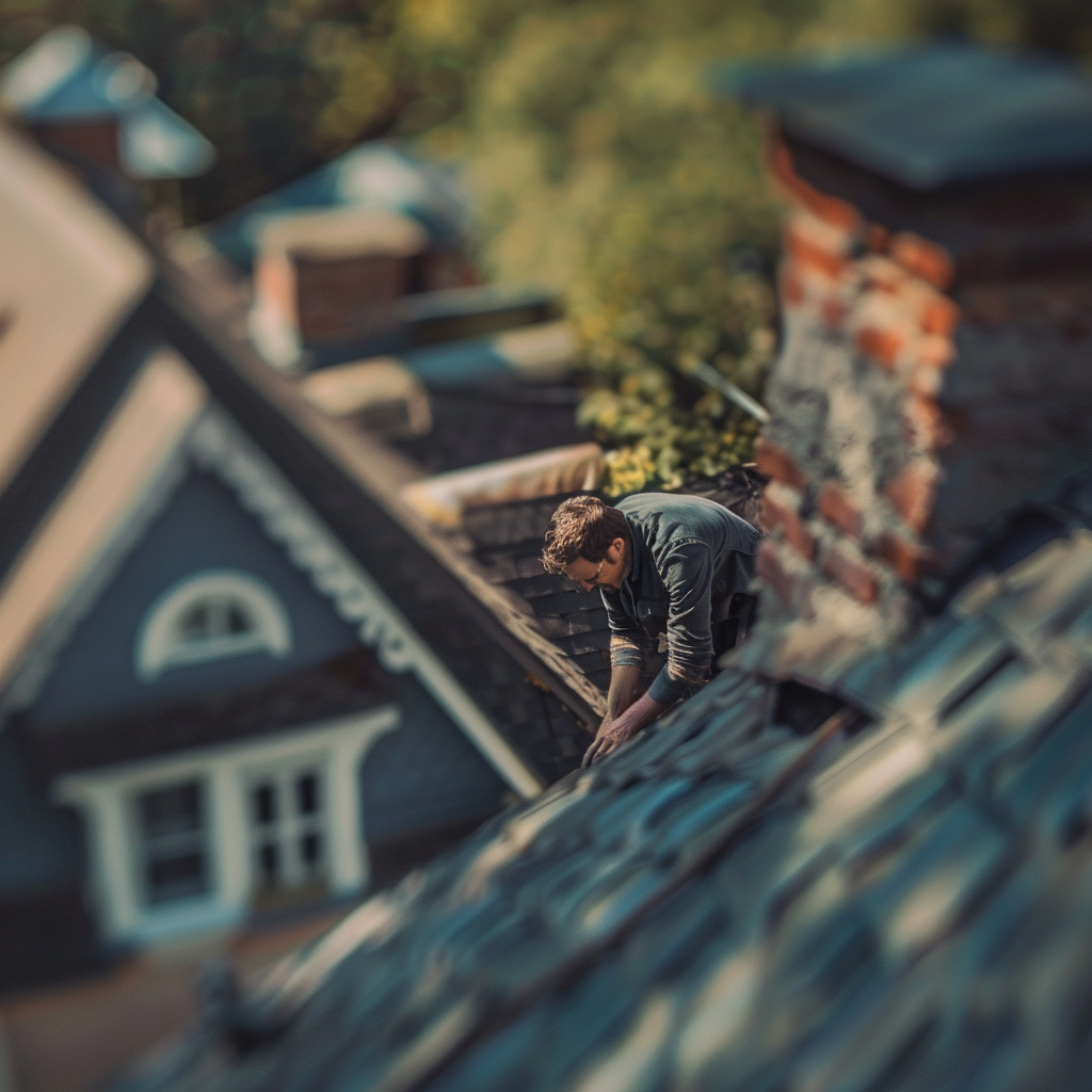 Man inspecting a roof of a house